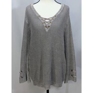 Vintage Havana Lace Up Knit Sweater Size S Gray Cotton Pullover